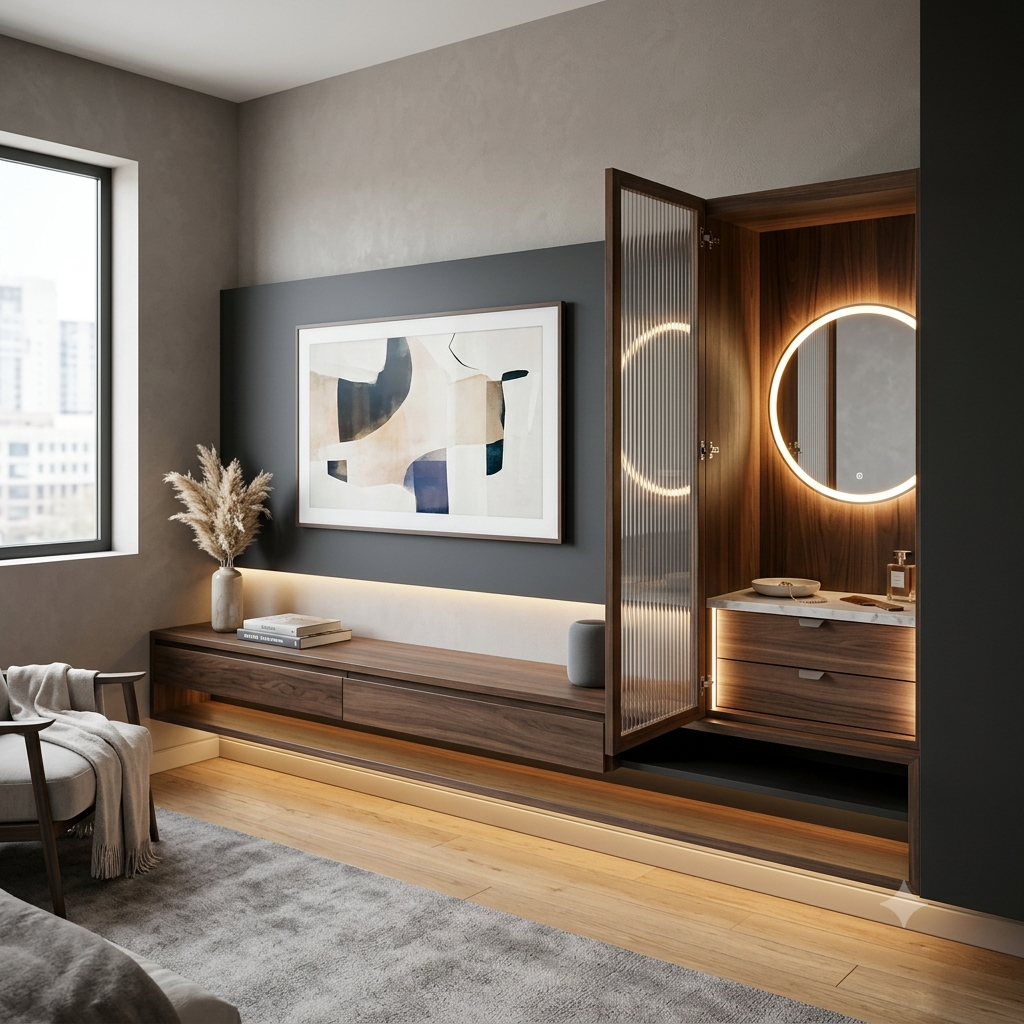 TV unit with concealed dresser and LED backlighting, media center with hidden storage, a living room entertainment console that doubles as a full-solution bedroom dresser with mirrored sliding panels concealing garment storage behind the television screen panel
